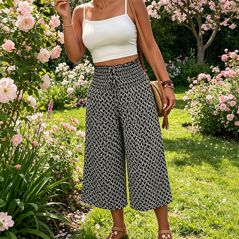 🔥🎁Nieuws: 50 % KORTING🔥Capribroek voor dames met elastische band, hoge taille en wijde pijpen