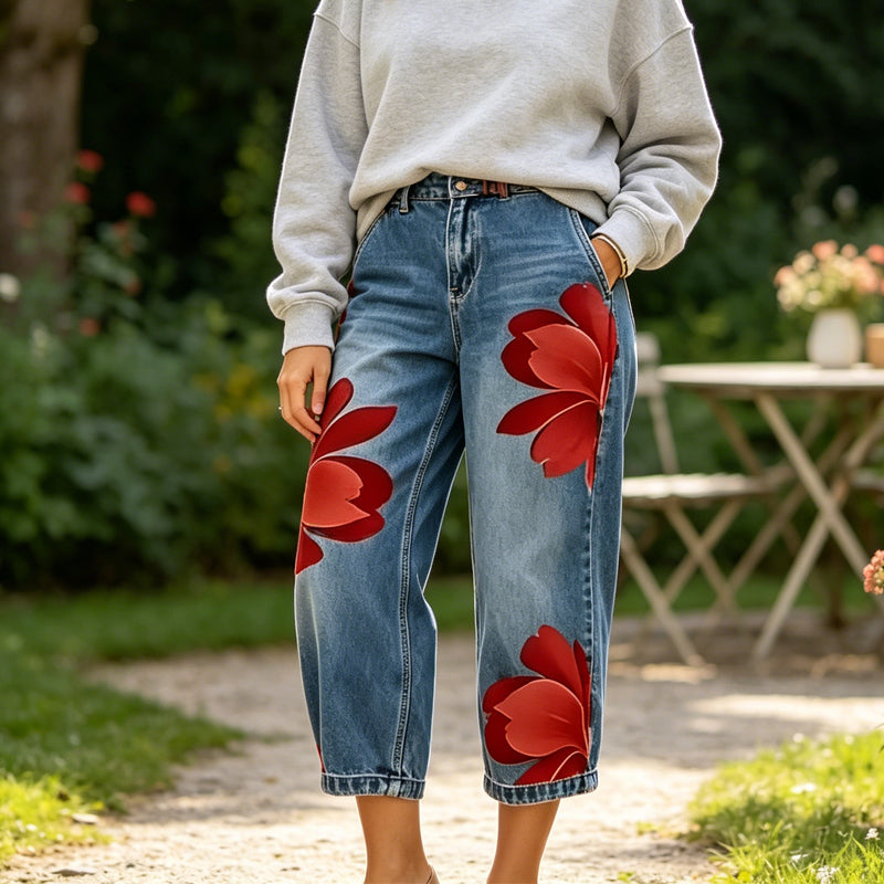 🎁2026 Nieuw binnen 50% KORTING💥Wide-Leg Jeans voor Dames met Artistieke Bloemenprint
