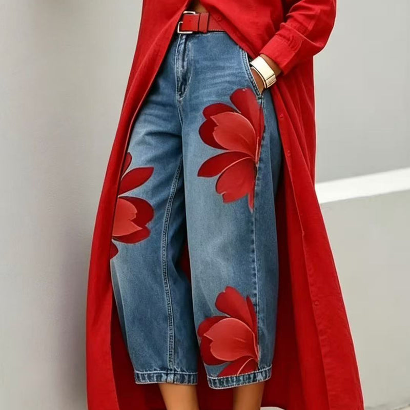 🎁2026 Nieuw binnen 50% KORTING💥Wide-Leg Jeans voor Dames met Artistieke Bloemenprint