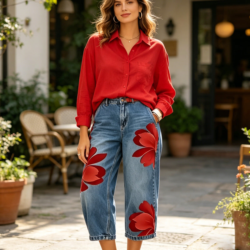 🎁2026 Nieuw binnen 50% KORTING💥Wide-Leg Jeans voor Dames met Artistieke Bloemenprint