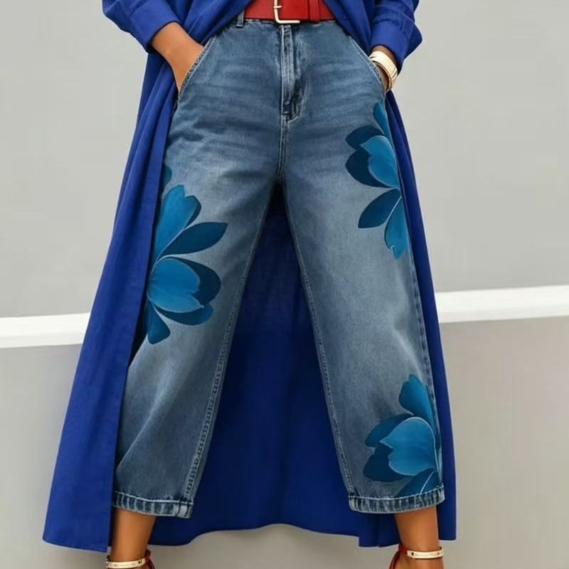 🎁2026 Nieuw binnen 50% KORTING💥Wide-Leg Jeans voor Dames met Artistieke Bloemenprint