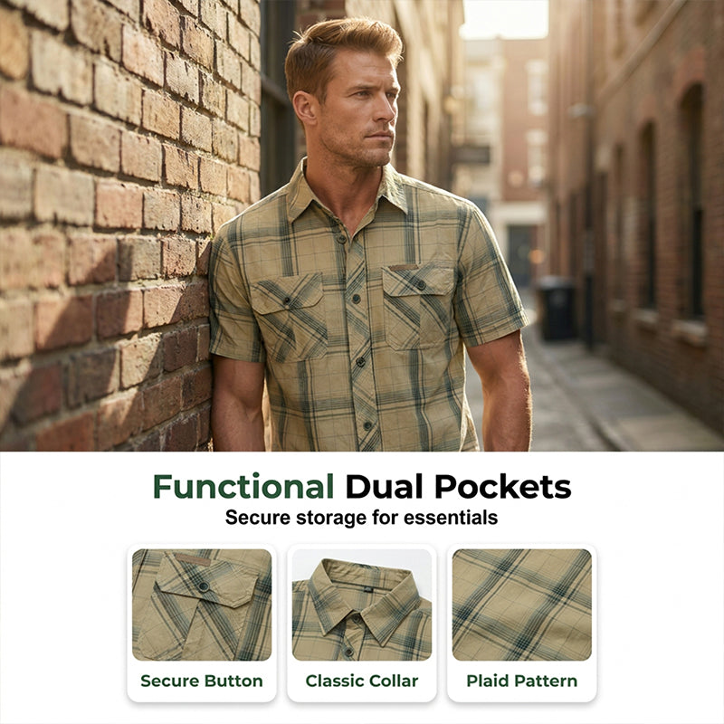 👔 TIJDELIJK 50% KORTING! 🍂 Heren Casual Geruit Korte Mouw Overhemd – Klassiek Patroon, Relaxte Pasvorm, Ademend Comfort ✨