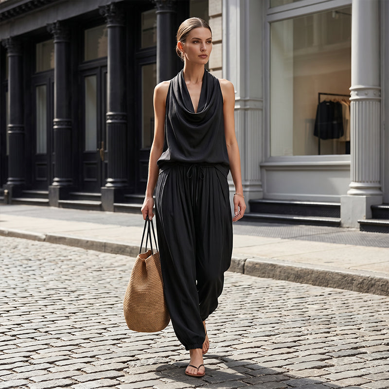 👗 TIJDELIJK 50% KORTING! ✨ Mouwloze Cowlneck Jumpsuit – Halter, Wijde Pijp, Elegant 🍷