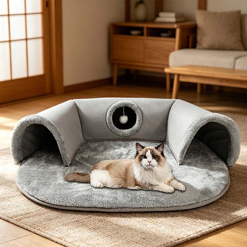 🐱 50% KORTING! 🛏️ Pluche 2-in-1 kattentunnelbed – Opvouwbaar, krasbestendig & knus – Combineert een schuilplaats met een zacht slaapmatje – perfect om te spelen, uit te rusten en een dutje te doen 🐾