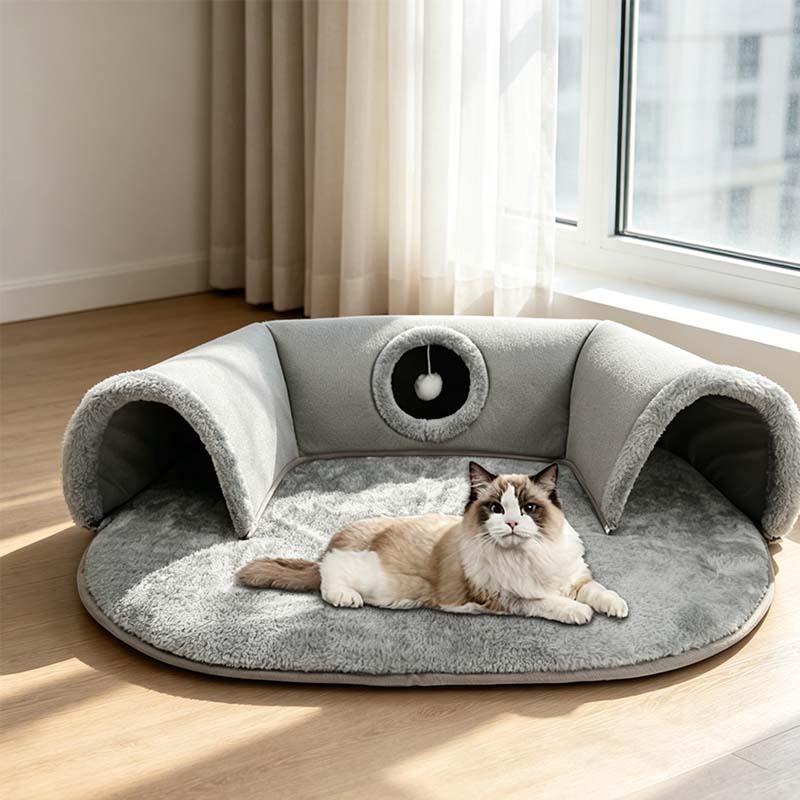 🐱 50% KORTING! 🛏️ Pluche 2-in-1 kattentunnelbed – Opvouwbaar, krasbestendig & knus – Combineert een schuilplaats met een zacht slaapmatje – perfect om te spelen, uit te rusten en een dutje te doen 🐾