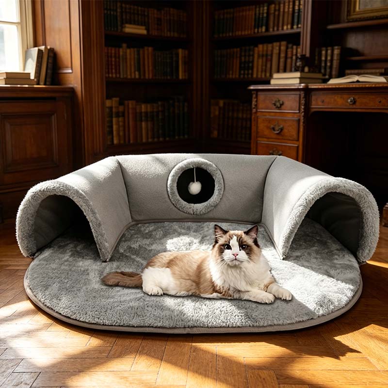 🐱 50% KORTING! 🛏️ Pluche 2-in-1 kattentunnelbed – Opvouwbaar, krasbestendig & knus – Combineert een schuilplaats met een zacht slaapmatje – perfect om te spelen, uit te rusten en een dutje te doen 🐾