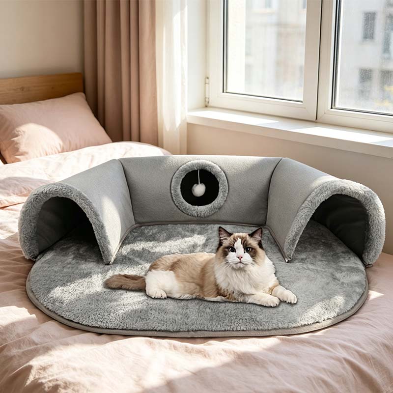 🐱 50% KORTING! 🛏️ Pluche 2-in-1 kattentunnelbed – Opvouwbaar, krasbestendig & knus – Combineert een schuilplaats met een zacht slaapmatje – perfect om te spelen, uit te rusten en een dutje te doen 🐾