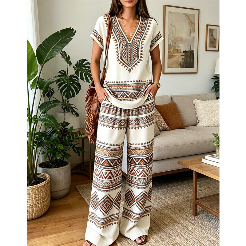 👗 TIJDELIJKE AANBIEDING: 50% KORTING! ✨ Set met bedrukte top en broek voor dames – boho-prints, relaxte pasvorm, perfect voor op vakantie 🌴