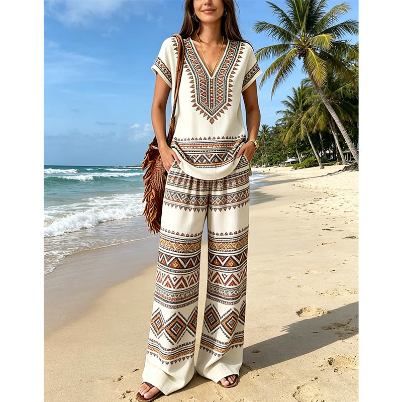 👗 TIJDELIJKE AANBIEDING: 50% KORTING! ✨ Set met bedrukte top en broek voor dames – boho-prints, relaxte pasvorm, perfect voor op vakantie 🌴