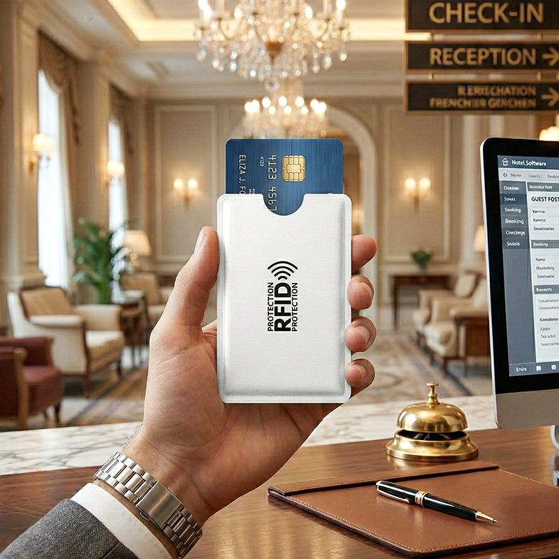 🛡️ RFID-kreditkortsskydd - Förhindrar obehörig skanning och avmagnetisering! 🔒 Ultratunn och lätt - passar alla vanliga kortstorlekar. 🧾 Tillverkad av slitstark aluminiumfolie - vattentät och reptålig.