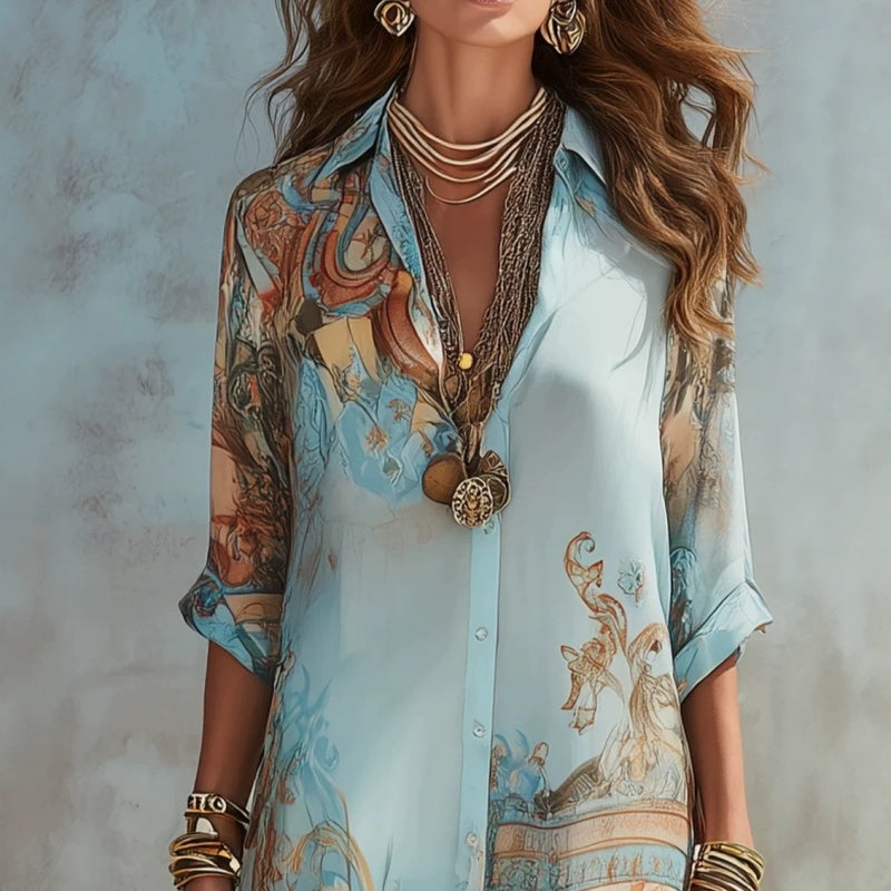 🎁Nieuwe collectie 50% korting💥Elegante maxi-jurk met retroprint | Boho V-hals jurk met knoopjes | Ademende zomerjurk voor strandvakantie
