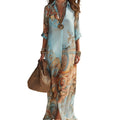 🎁Nieuwe collectie 50% korting💥Elegante maxi-jurk met retroprint | Boho V-hals jurk met knoopjes | Ademende zomerjurk voor strandvakantie