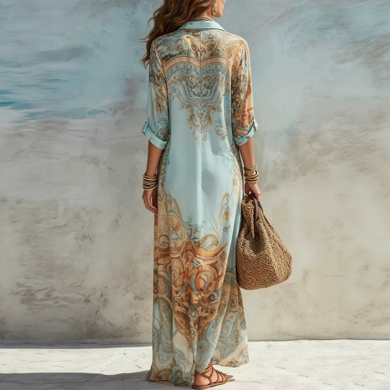 🎁Nieuwe collectie 50% korting💥Elegante maxi-jurk met retroprint | Boho V-hals jurk met knoopjes | Ademende zomerjurk voor strandvakantie