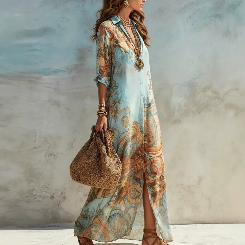 🎁Nieuwe collectie 50% korting💥Elegante maxi-jurk met retroprint | Boho V-hals jurk met knoopjes | Ademende zomerjurk voor strandvakantie