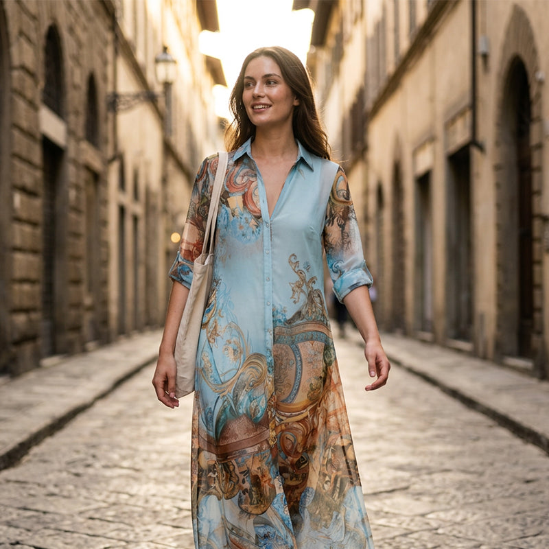 🎁Nieuwe collectie 50% korting💥Elegante maxi-jurk met retroprint | Boho V-hals jurk met knoopjes | Ademende zomerjurk voor strandvakantie
