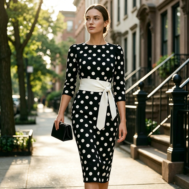 👗🌸 Elegante retro jurk met stippen – tijdloos, vrouwelijk en veelzijdig – perfect voor dagelijks gebruik, op kantoor en speciale gelegenheden.