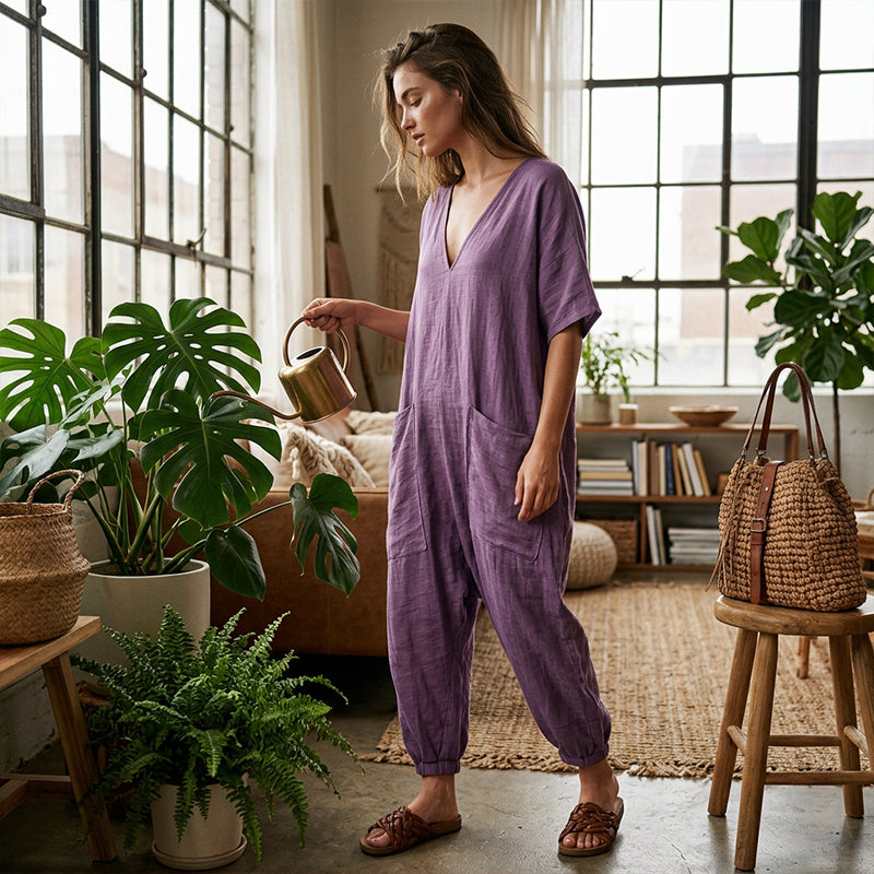 💥TOP VERKOOP RANG LIJST✨Losse V-hals jumpsuit kwalitatieve mengstof, grote zakken &ademend🌿