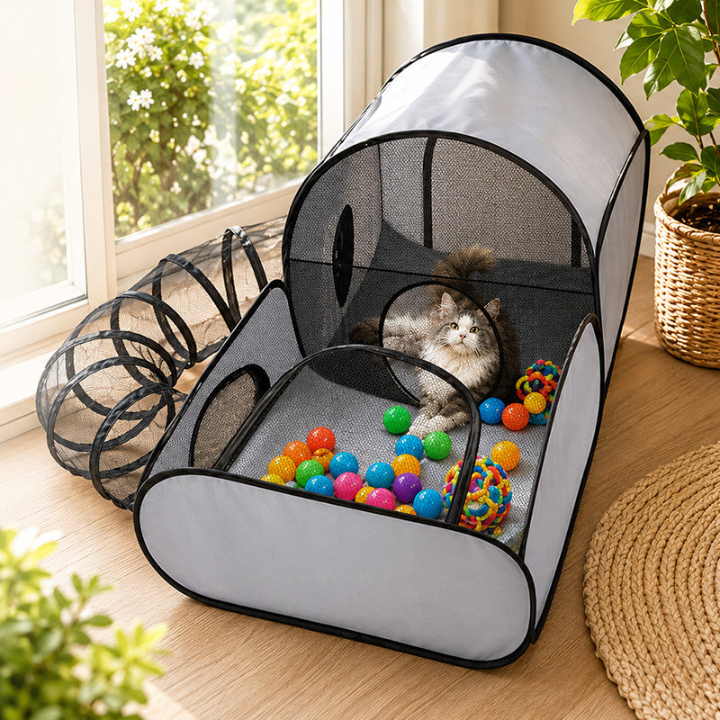 🐱 50% KORTING! 🏠 Veelzijdig kattenhuis met hekwerk – Ademend, wasbaar en opvouwbaar – Perfect als toevluchtsoord, speelplek of kraamhok – knus en praktisch 🐾✨