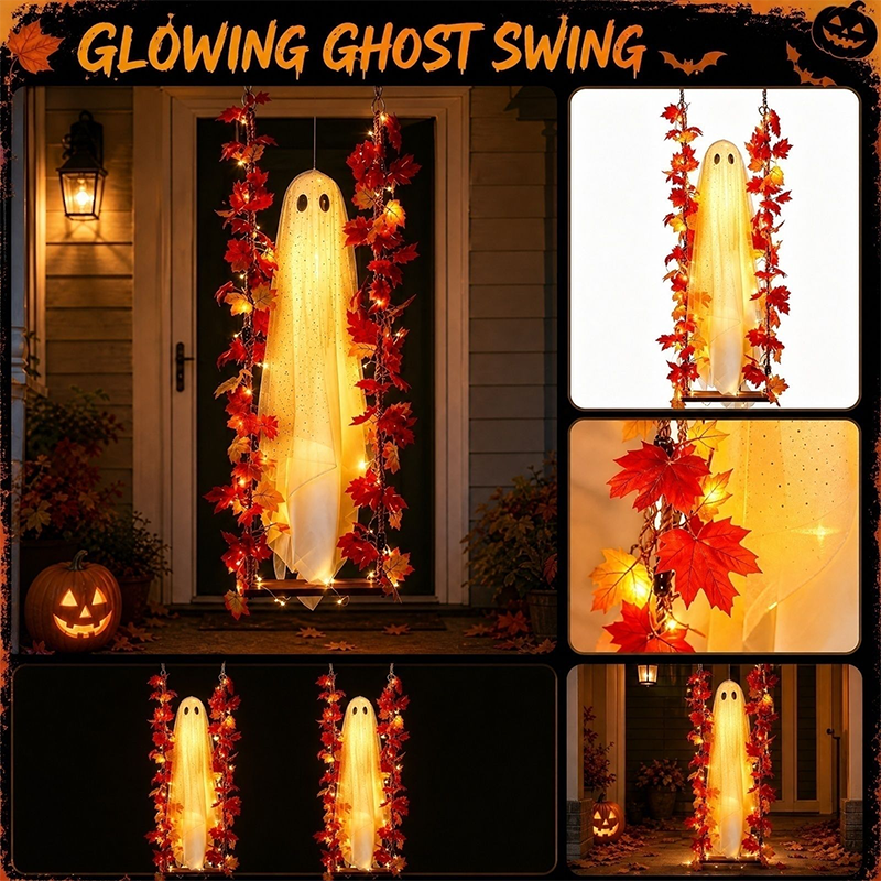 🔥🎁 Nieuw product – 50% korting 🔥Hangende Halloween-spookfiguur op schommel met op afstand bedienbare LED-verlichting en esdoornbladeren