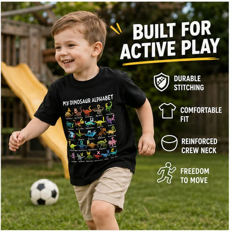 💥【50% OFF】🔥 Kinder Dinosaurus Alfabet T-shirt | A-Z Kleurrijke Dino Print | Zachte Polyester, Huidvriendelijk | Ademend, Niet Benauwd | Verstevigde Stiksels | 3 Kleuren (Zwart/Wit/Geel) | Leeftijd 2-14 👕