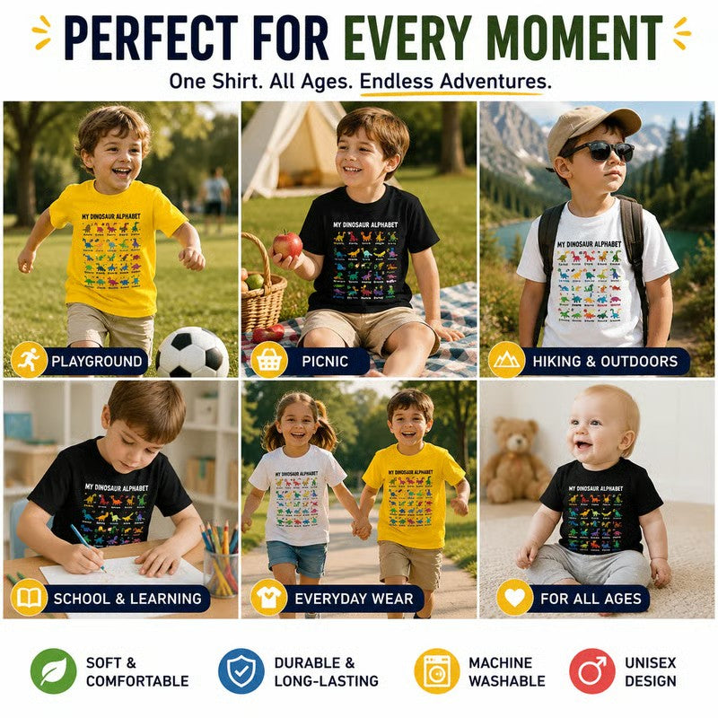💥【50% OFF】🔥 Kinder Dinosaurus Alfabet T-shirt | A-Z Kleurrijke Dino Print | Zachte Polyester, Huidvriendelijk | Ademend, Niet Benauwd | Verstevigde Stiksels | 3 Kleuren (Zwart/Wit/Geel) | Leeftijd 2-14 👕