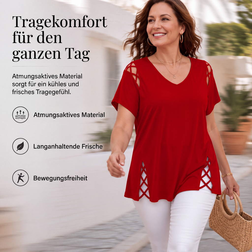 Damestop met korte mouwen, V-hals en gekruist design