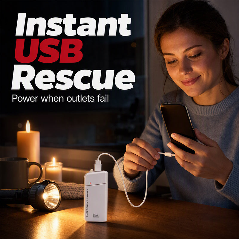 Noodstroomlader – werkt op AA-batterijen, 🔦 met LED-zaklamp, 🏕️ ideaal voor kamperen & noodgevallen!