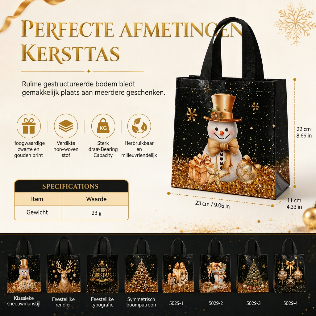 Zwarte kerstcadeautas van non-woven materiaal, feestelijke cadeauverpakkingszak 23x22x11cm