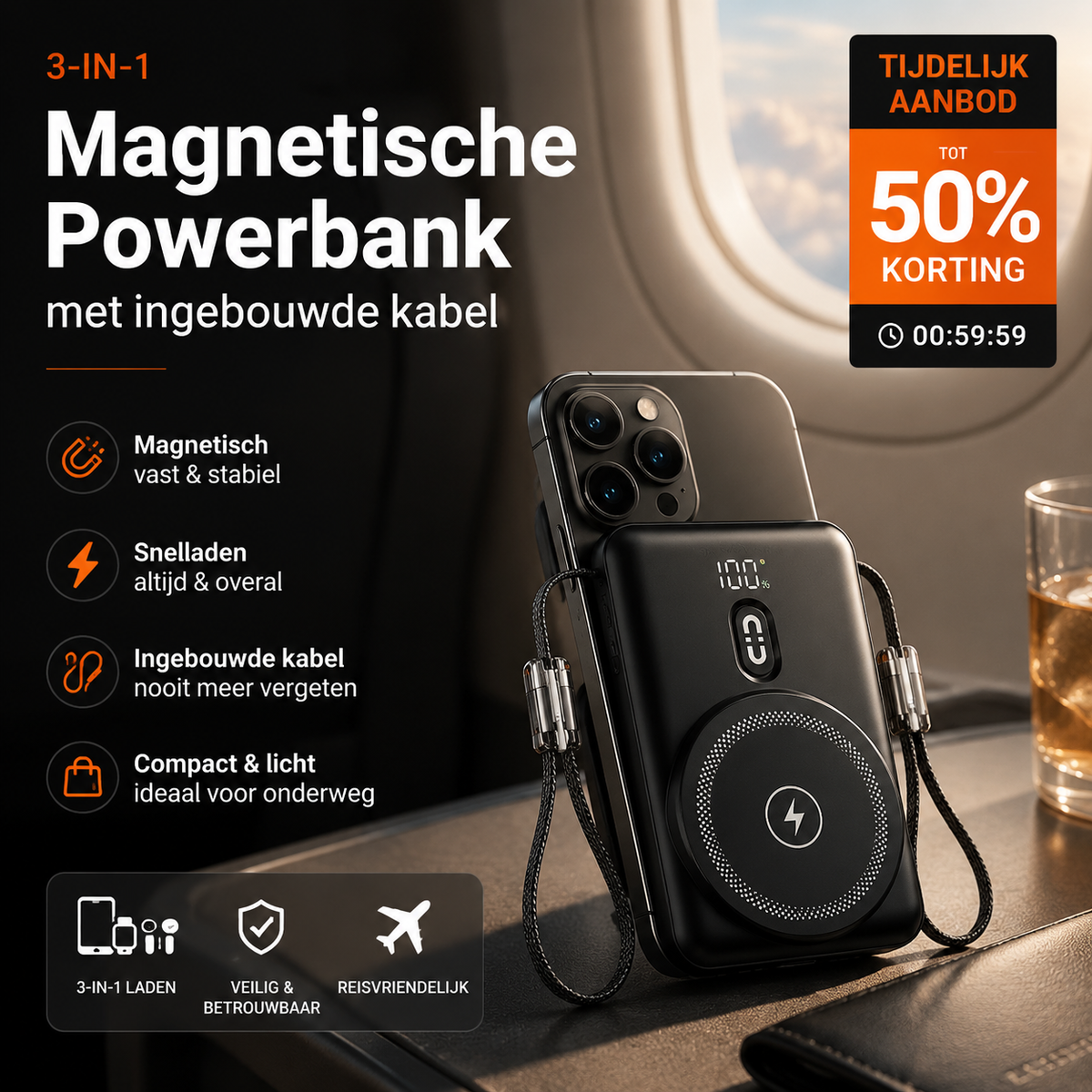 ⏳Tijdelijk 50% korting⏰3-in-1 magnetische powerbank met ingebouwde kabel🔋📱