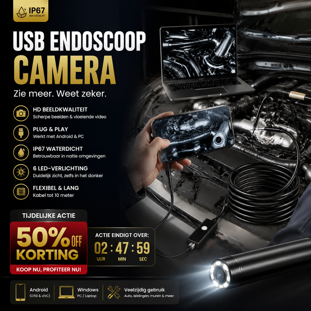 🔦 Waterdichte USB-endoscoopcamera met LED – IP67, 5,5 mm/7 mm & 1-10 m – Perfect voor leidinginspecties, voertuigdiagnose of moeilijk bereikbare plaatsen – scherpe beelden & flexibele kabel 🛠️✨