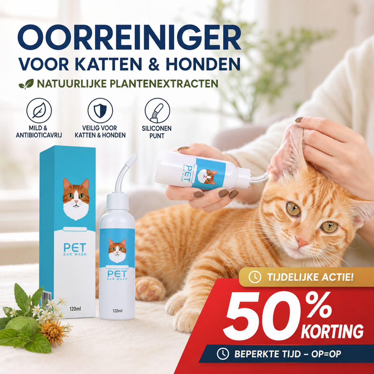 💥【LIMITED TIME 50% OFF】🔥 Oorreiniger voor Katten en Honden | Natuurlijke Plantenextracten | Mild & Antibioticavrij | Siliconen Punt | 120ml