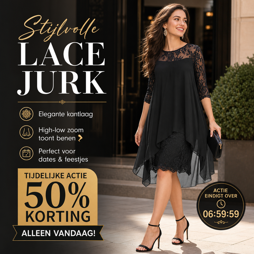 ⏳ FLASH SALE! ✨ Stijlvolle Lace Jurk | High-Low Zoom Toont Benen 🦵 | Perfect voor Dates/Feestjes | HALF PRICE 🎉