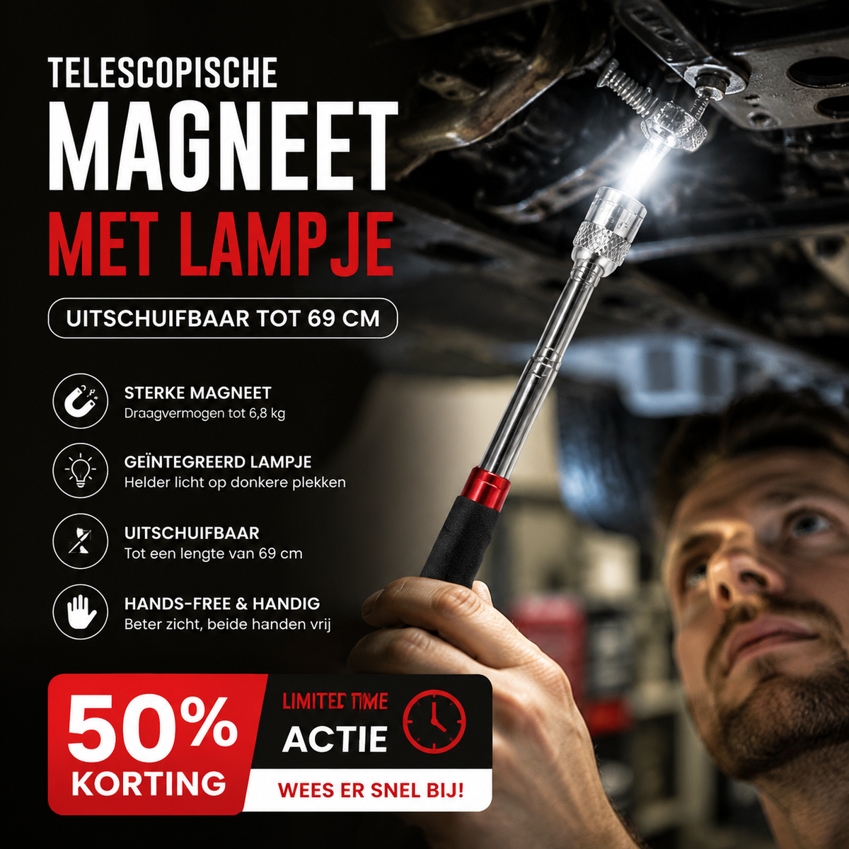 🎉50% KORTING🔧Telescopische Magneet met Lampje | Uitschuifbaar tot 69 cm
