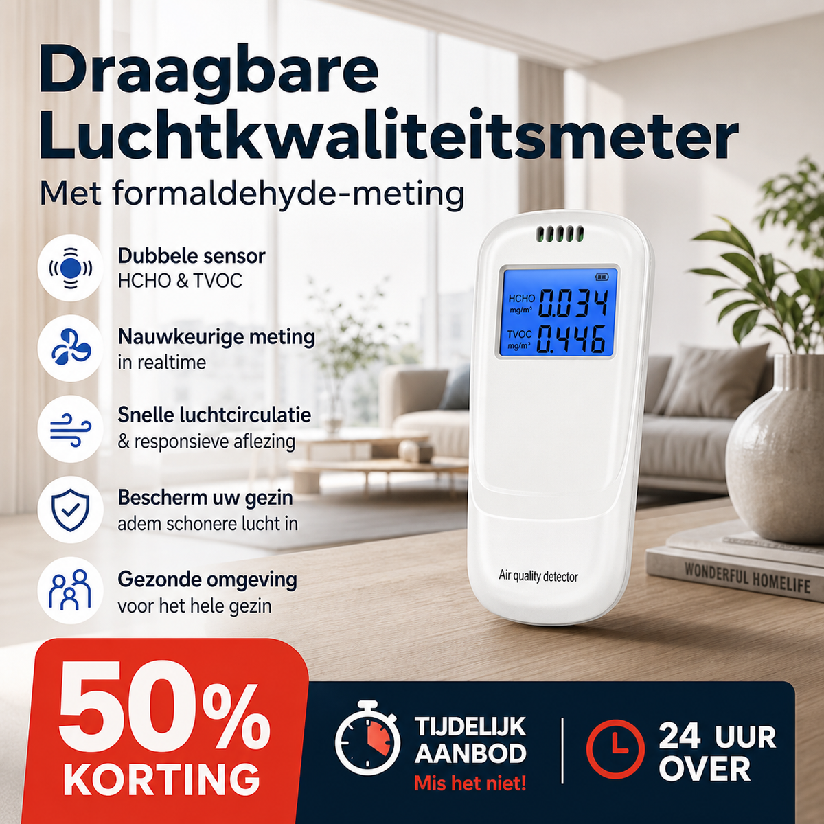 Draagbare luchtkwaliteitsmeter met formaldehyde-meting