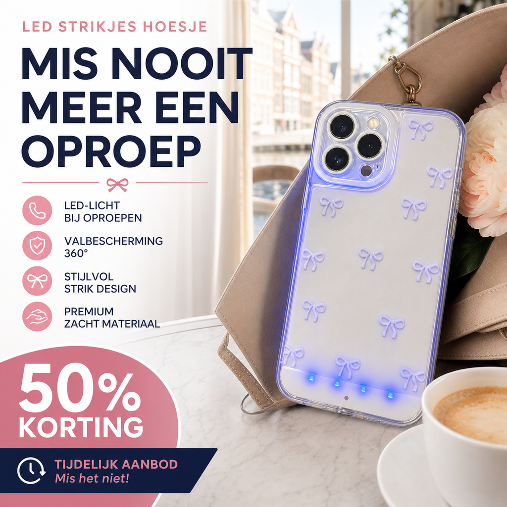 Stop met het missen van oproepen in je tas! Dit LED-hoesje licht op als een vuurtoren bij elke melding, beschermt je telefoon tegen vallen, en ziet er nog stylish uit ook!