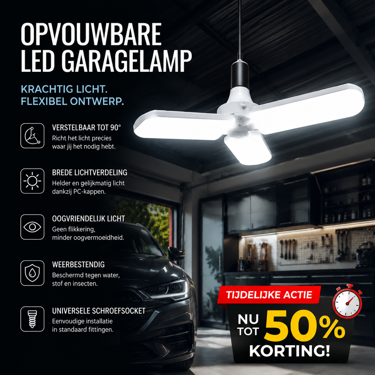 Opvouwbare LED-plafondlamp voor de garage